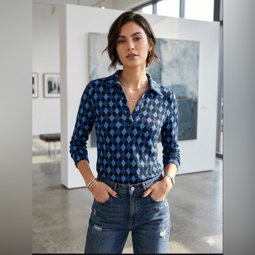 HKR collections | vintage v-neck blue and black plaid top | size M